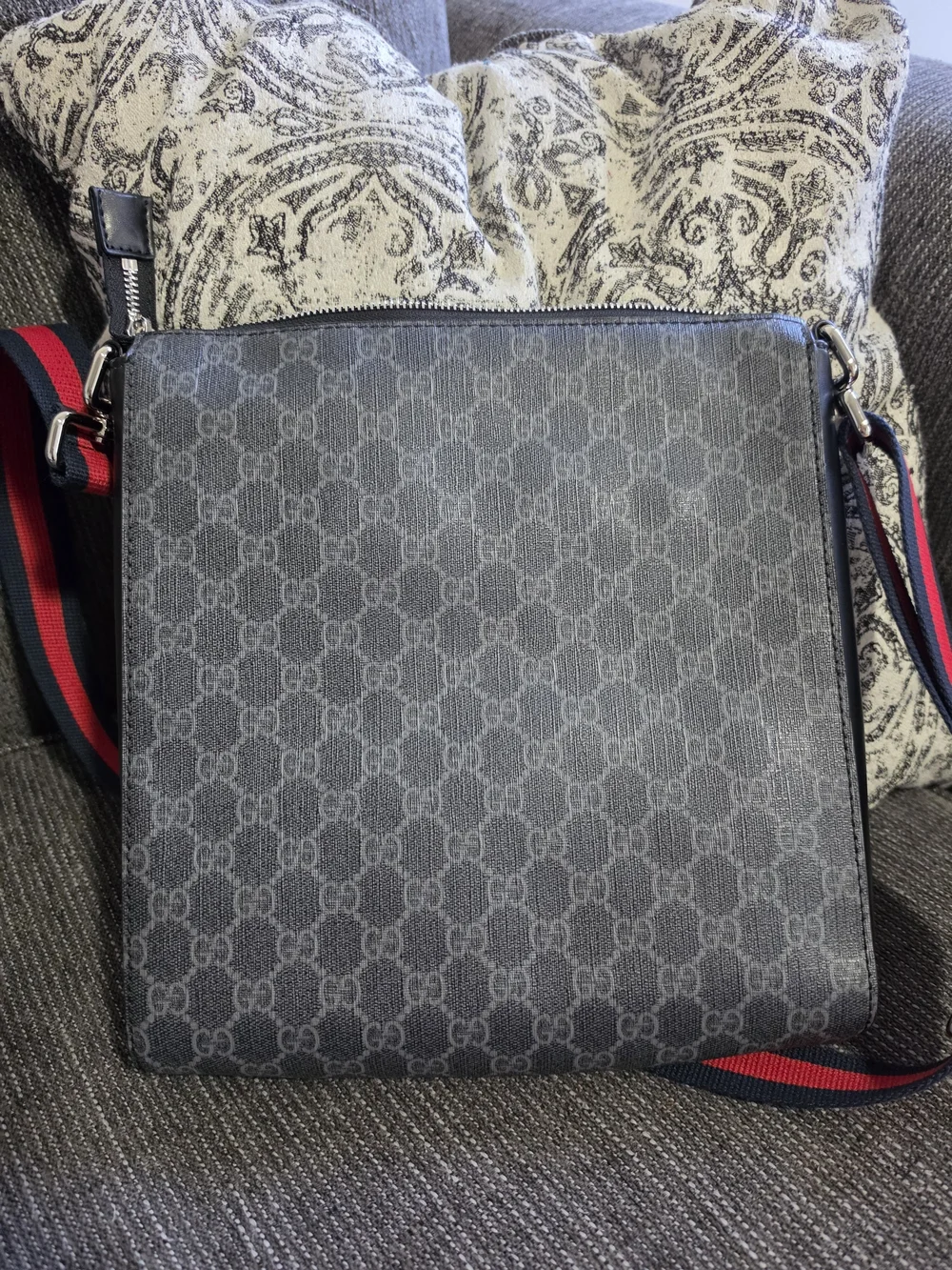 Gucci Men's Black GG Crossbody Bag with Red-Blue Web Strap